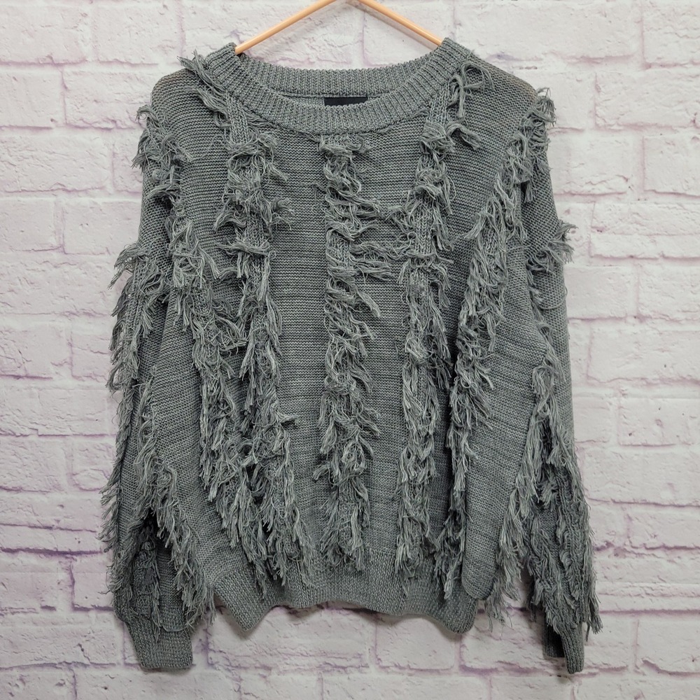 STORIA Grey Fringe Knit Sweater M Pullover Distressed Textured Boho Fairy Grunge